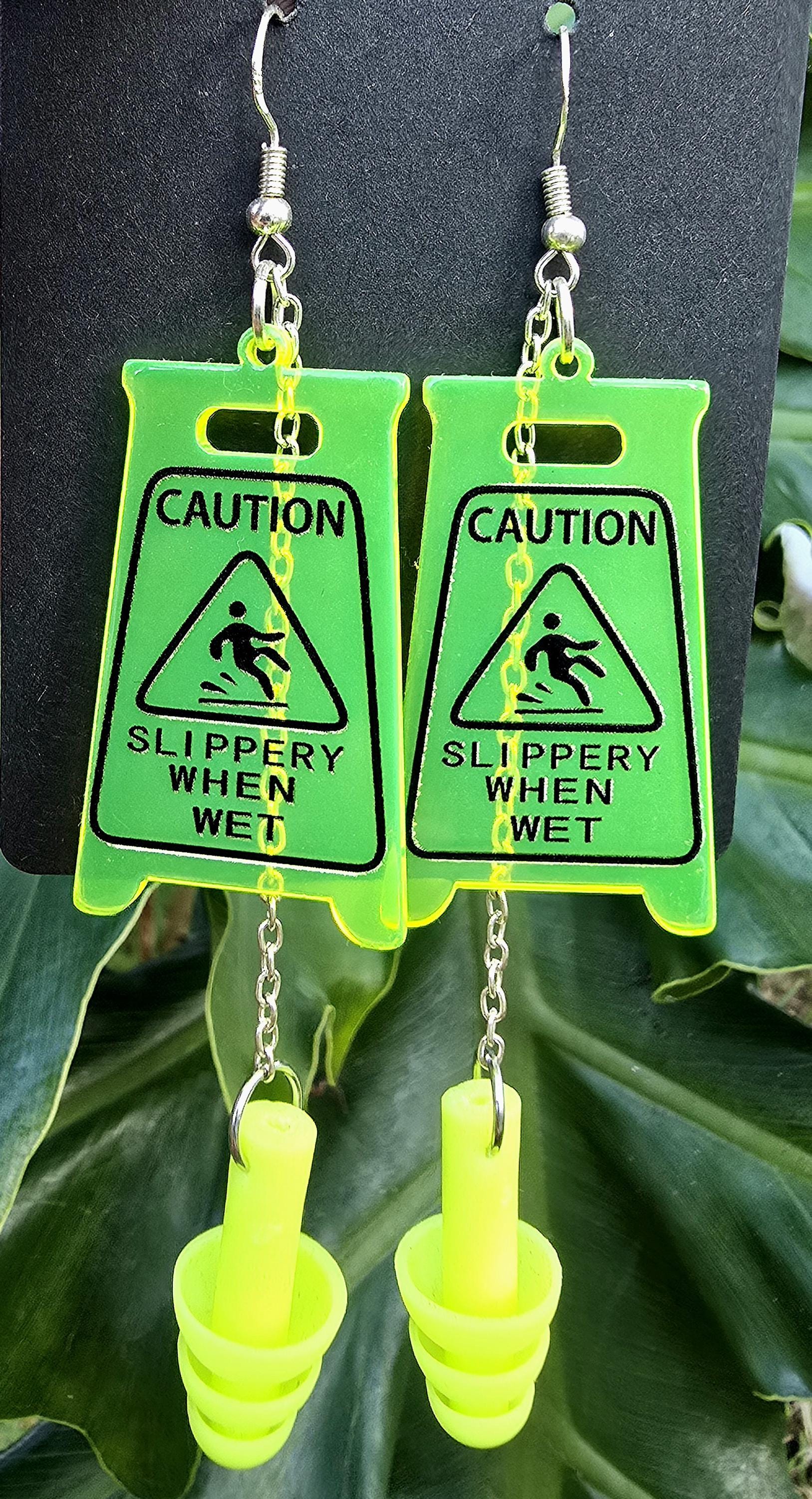 Slippery When Wet Caution Sign Earplug Earrings for Raves Festivals Concerts - by PLURfect Studios