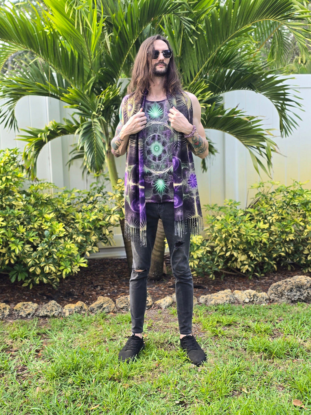 Purple & Gold Fractal Reversible Rave Pashmina - Festival Shawl - by PLURfect Studios