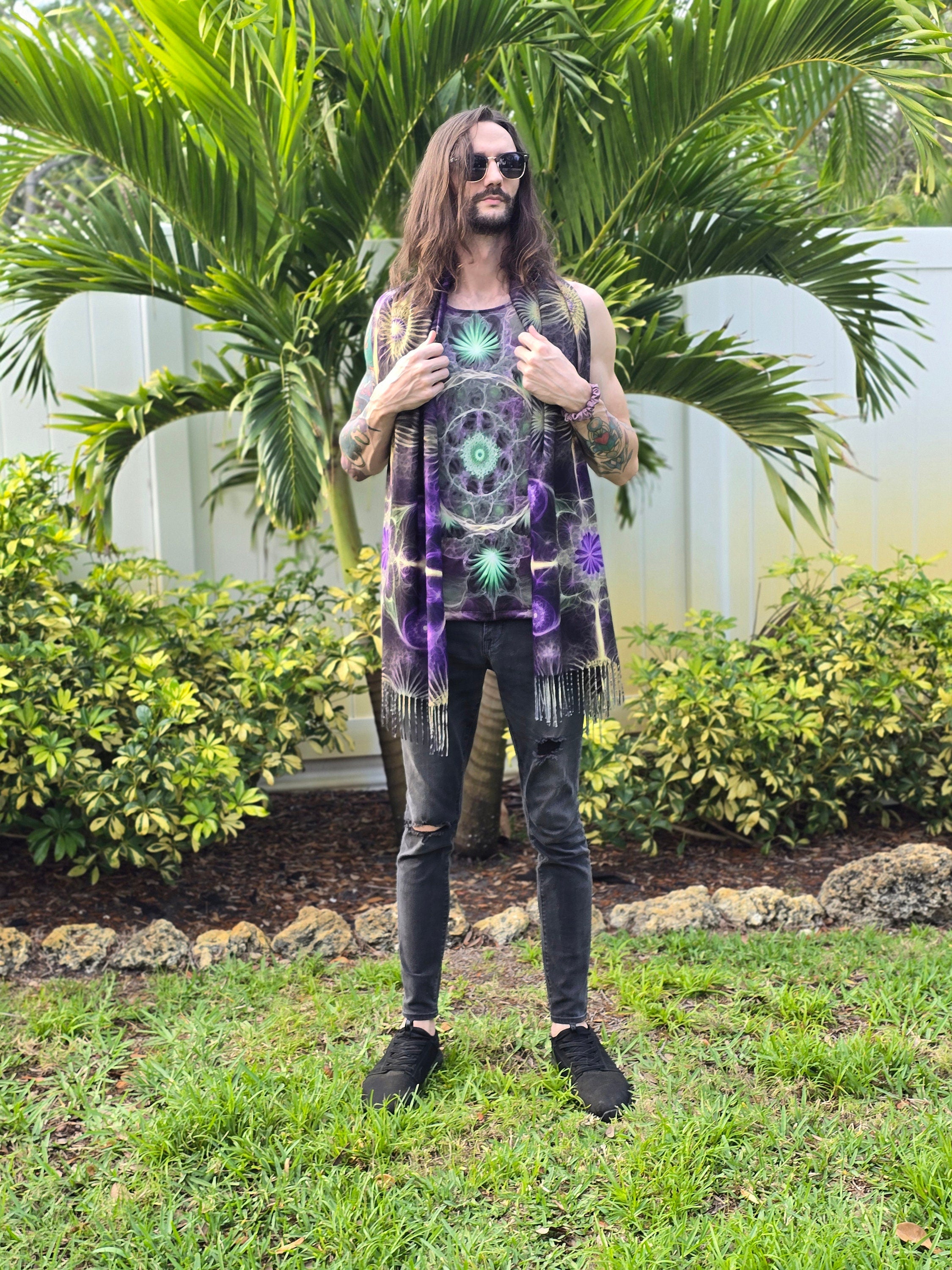 Purple & Gold Fractal Reversible Rave Pashmina - Festival Shawl - by PLURfect Studios