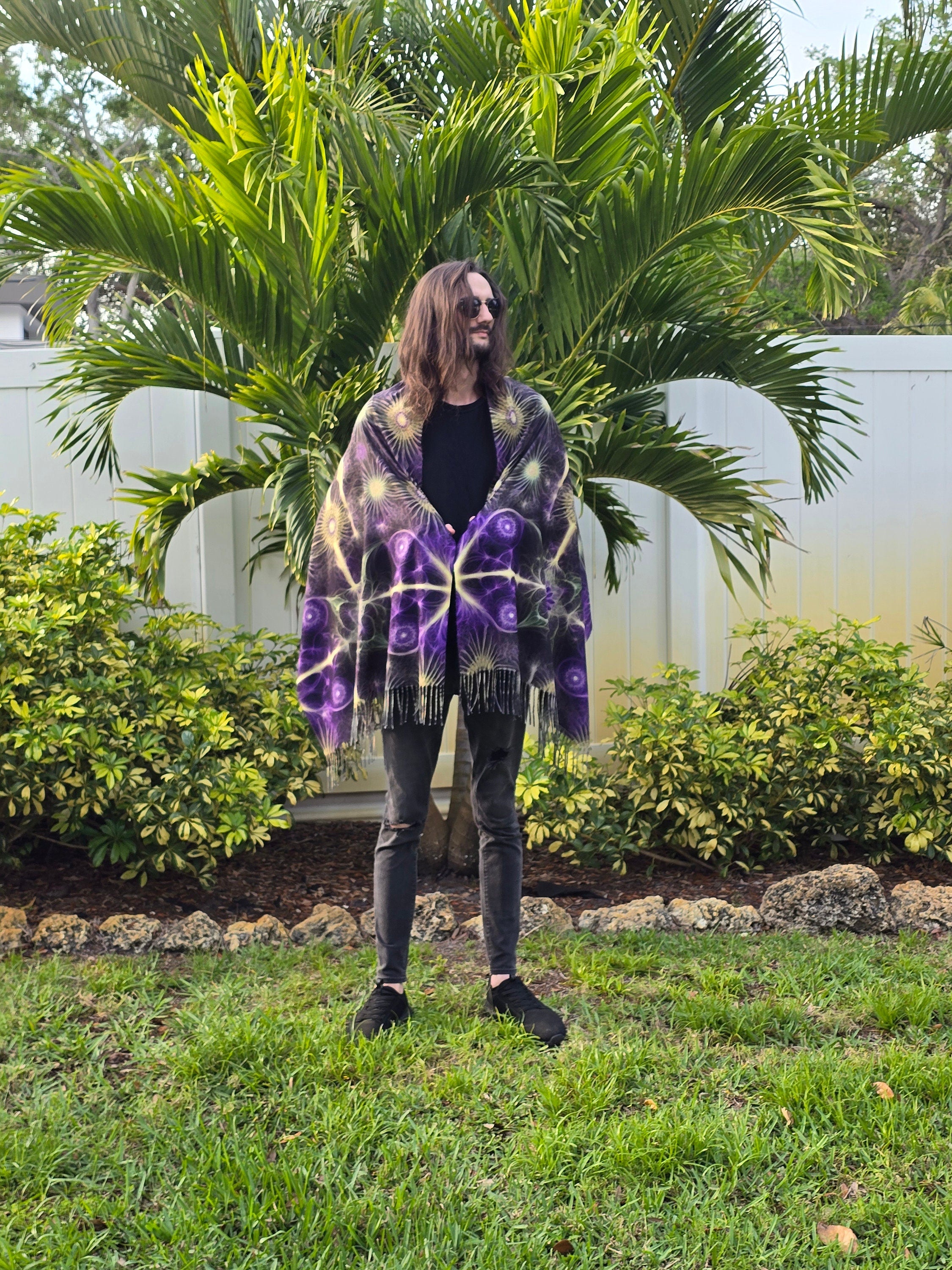 Purple & Gold Fractal Reversible Rave Pashmina - Festival Shawl - by PLURfect Studios