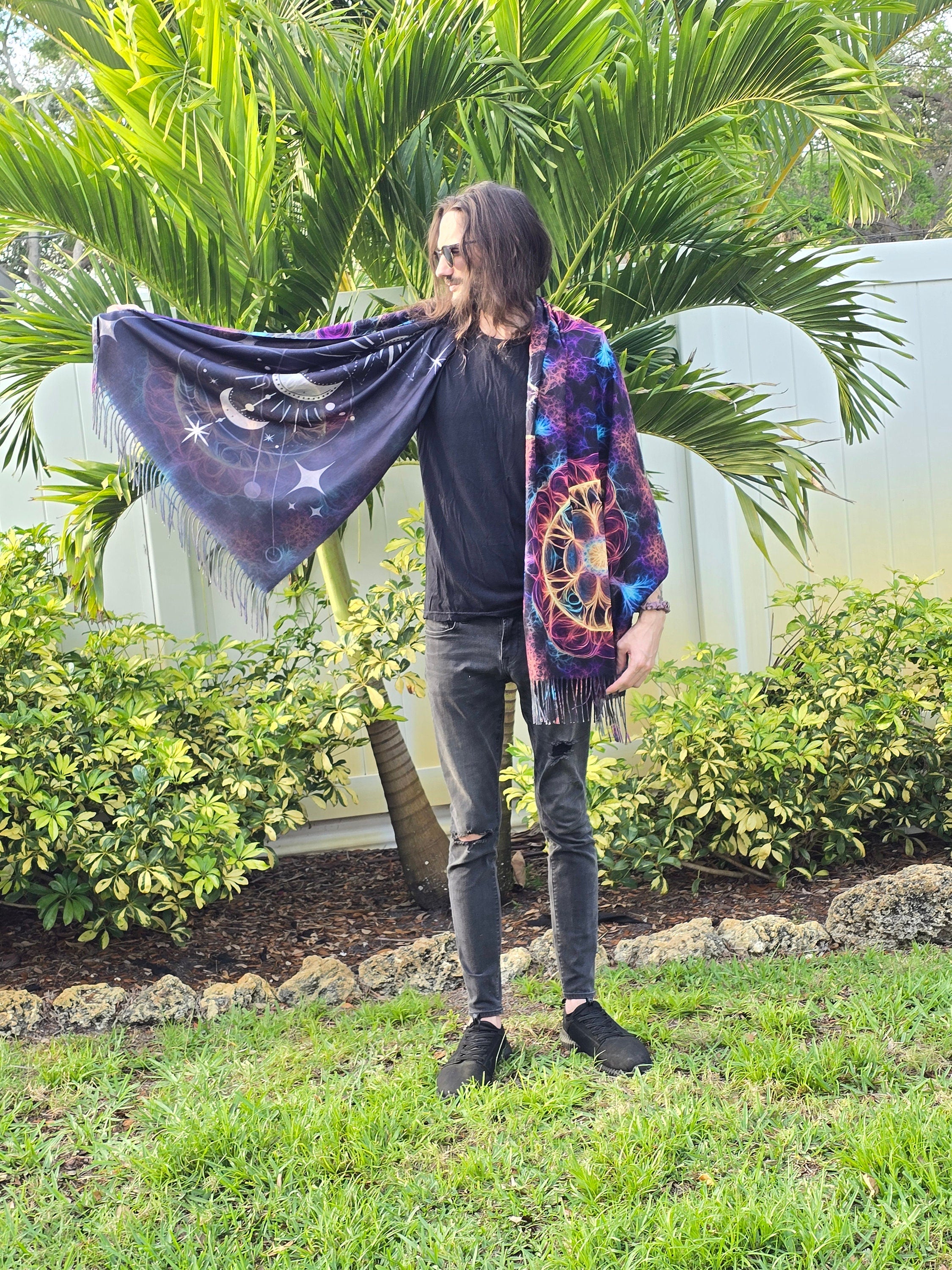 Neon Flower of Life Reversible Rave Pashmina - Festival/EDM Shawl - by PLURfect Studios