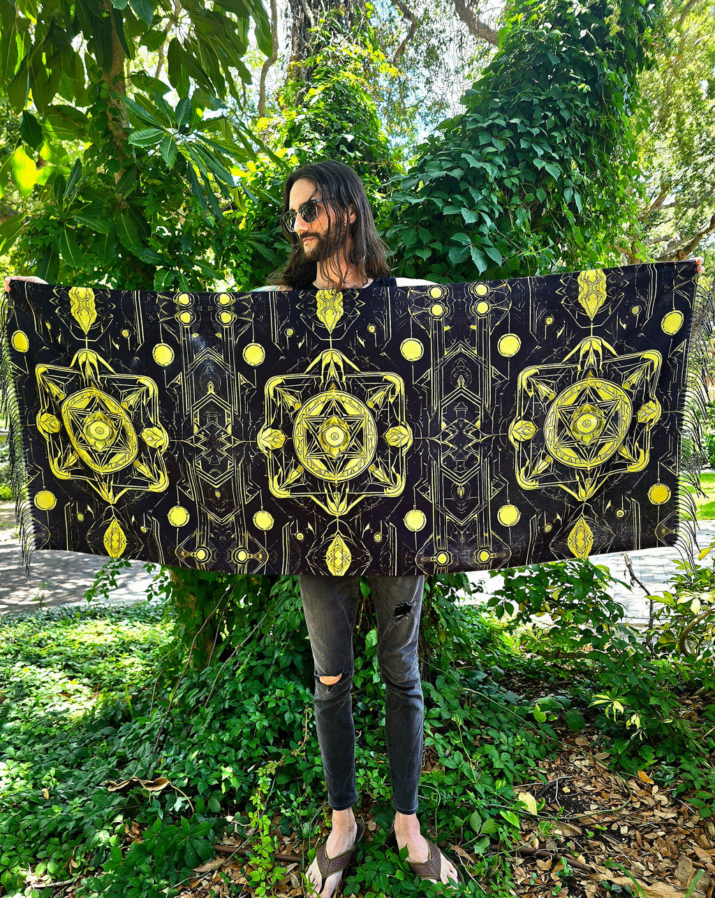 Yellow & Black Trippy Reversible Rave Pashmina - Festival/EDM Shawl - by PLURfect Studios