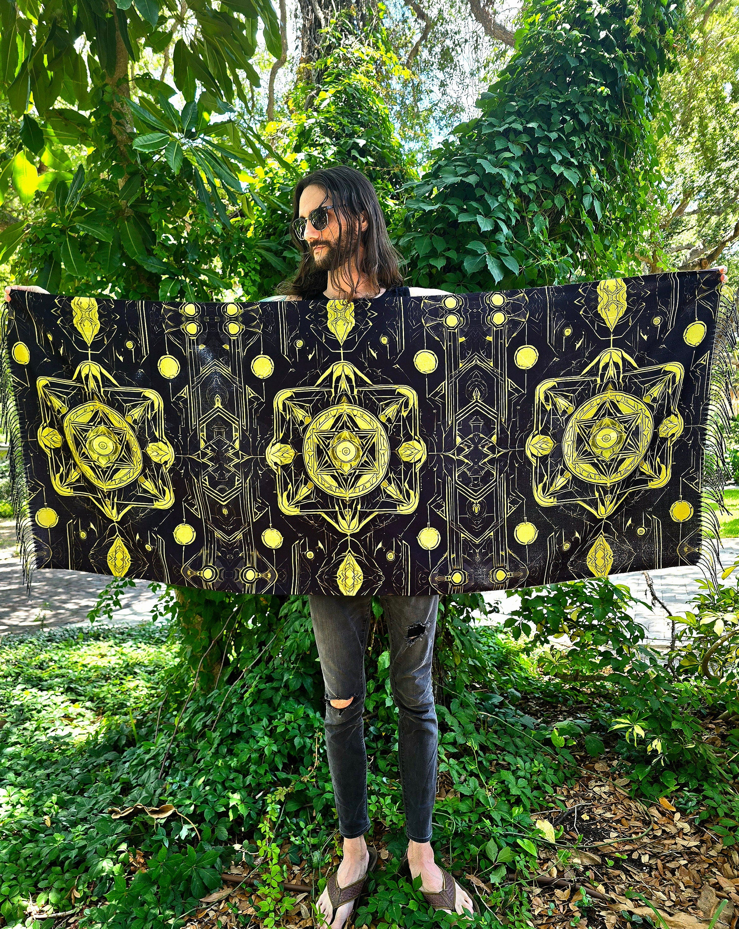 Yellow & Black Trippy Reversible Rave Pashmina - Festival/EDM Shawl - by PLURfect Studios