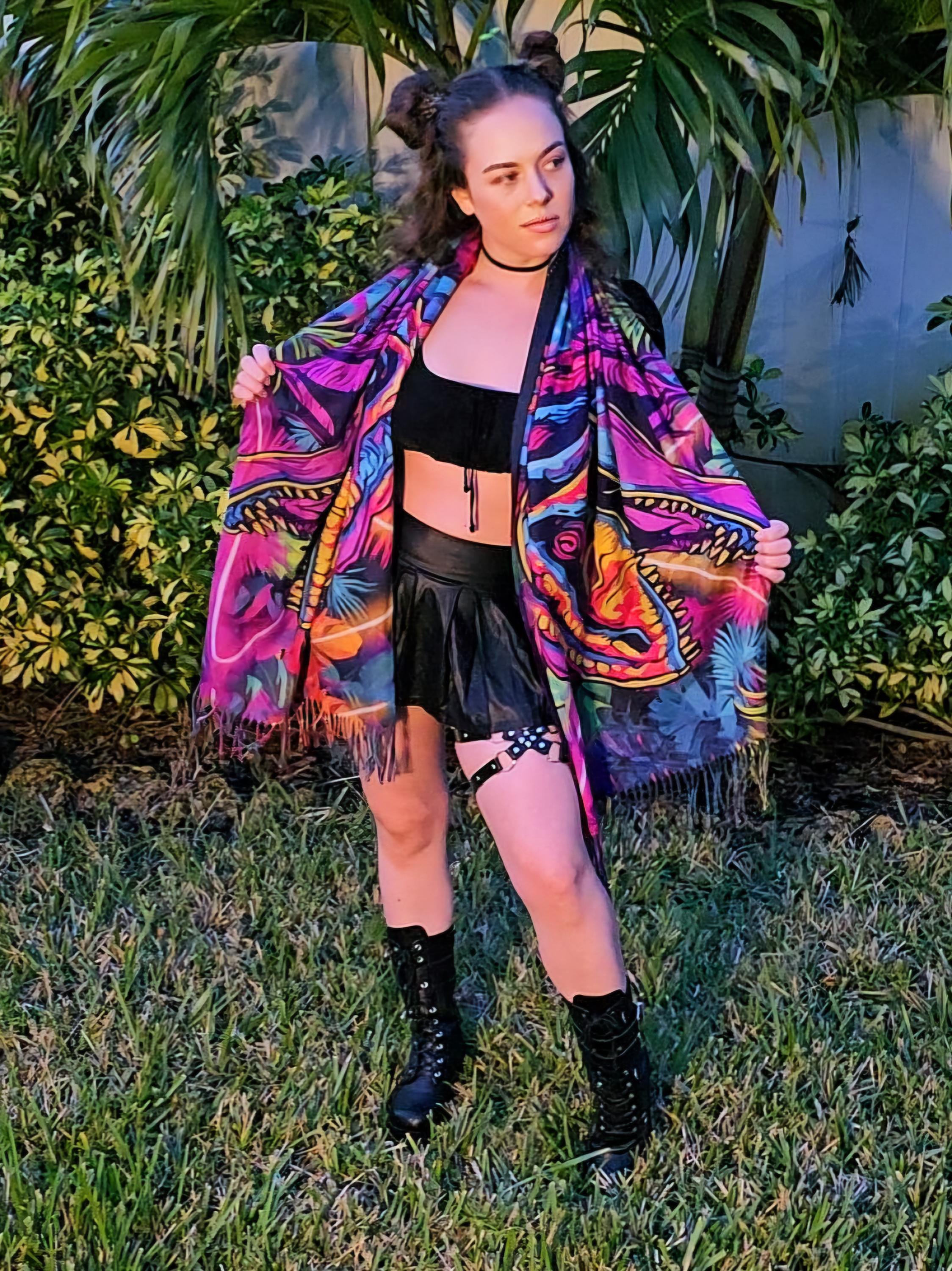 Neon Laser T-Rex Reversible Rave Pashmina - Festival Shawl - by PLURfect Studios
