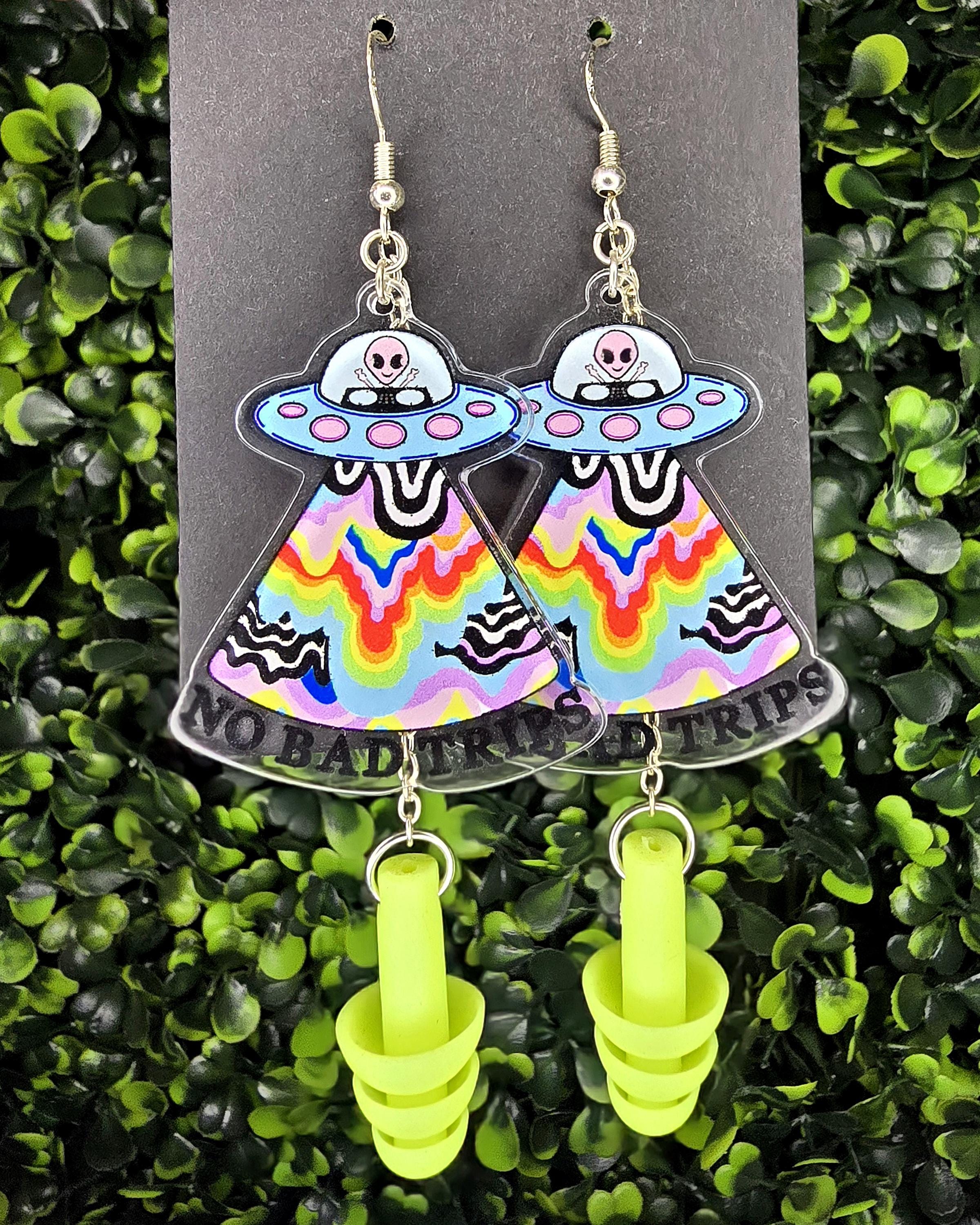 No Bad Trips Alien Abduction Earplug Earrings for Raves Festivals Concerts - by PLURfect Studios