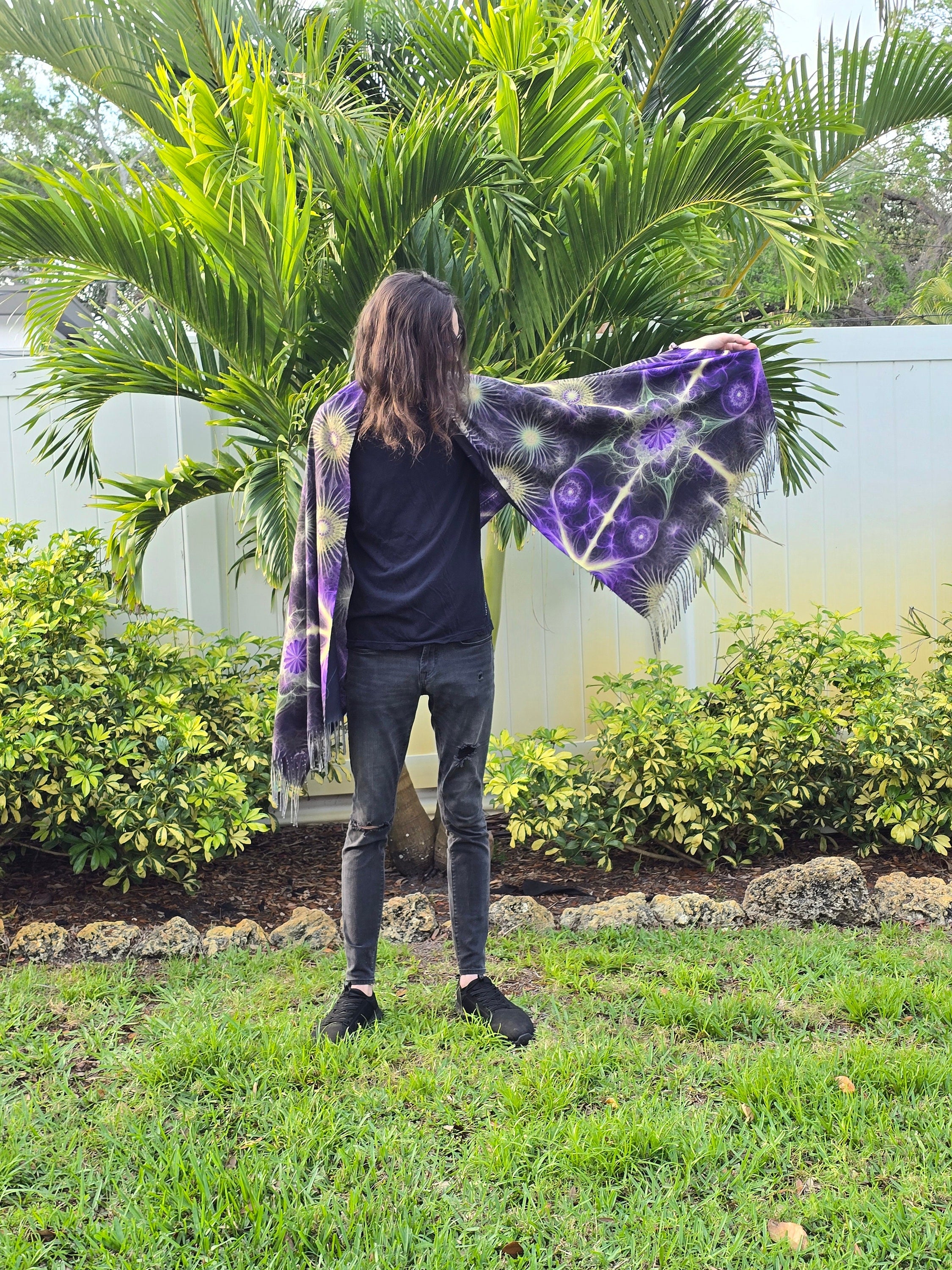 Purple & Gold Fractal Reversible Rave Pashmina - Festival Shawl - by PLURfect Studios