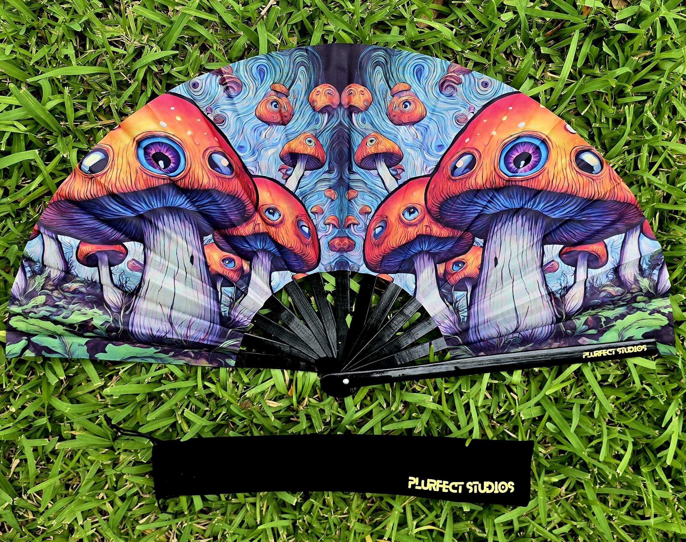 Trippy Eyeball Mushroom Rave Hand Fan: Black Bamboo, Velvet Pouch