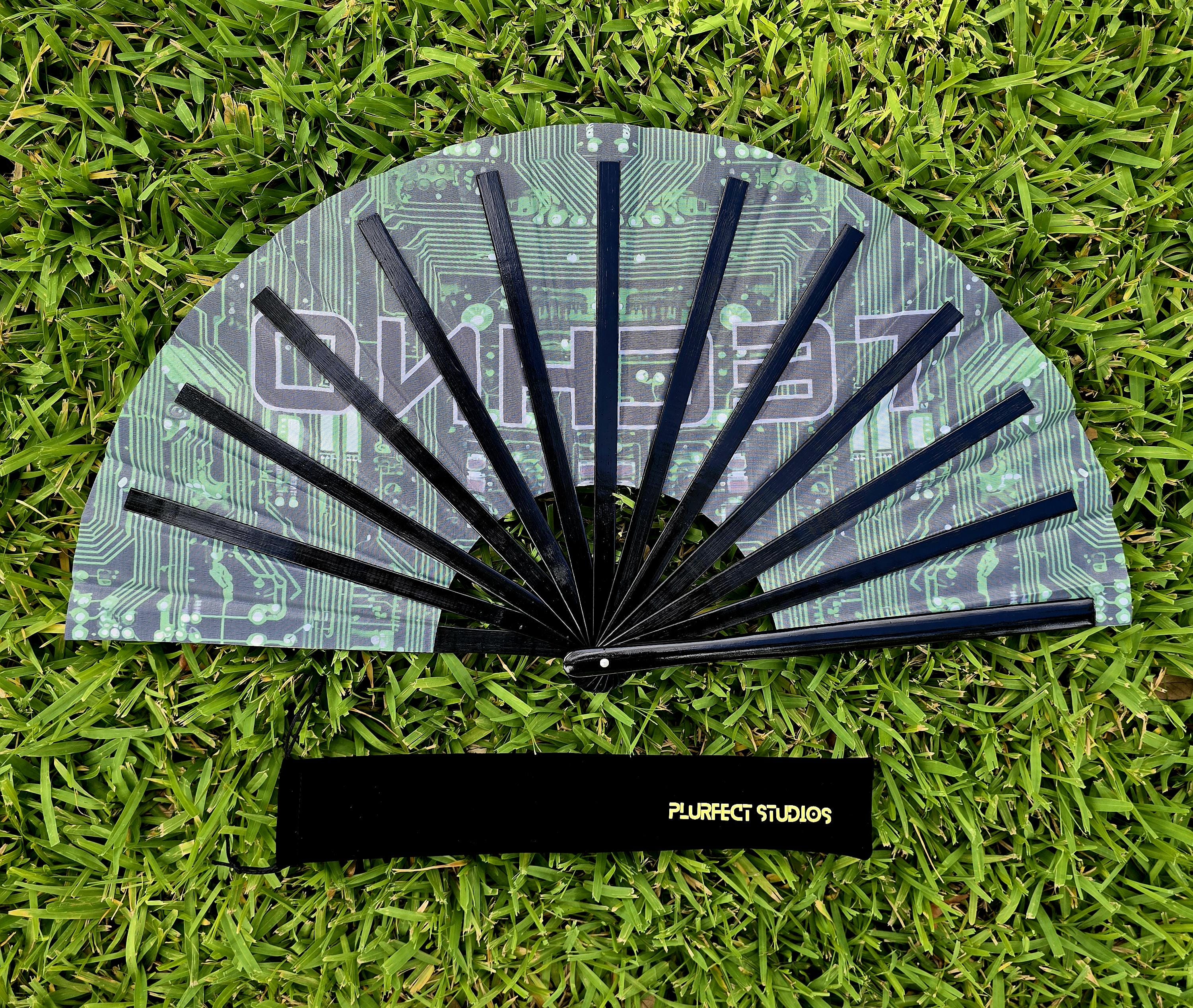 Green TECHNO Rave Hand Fan: Black Bamboo, Velvet Pouch