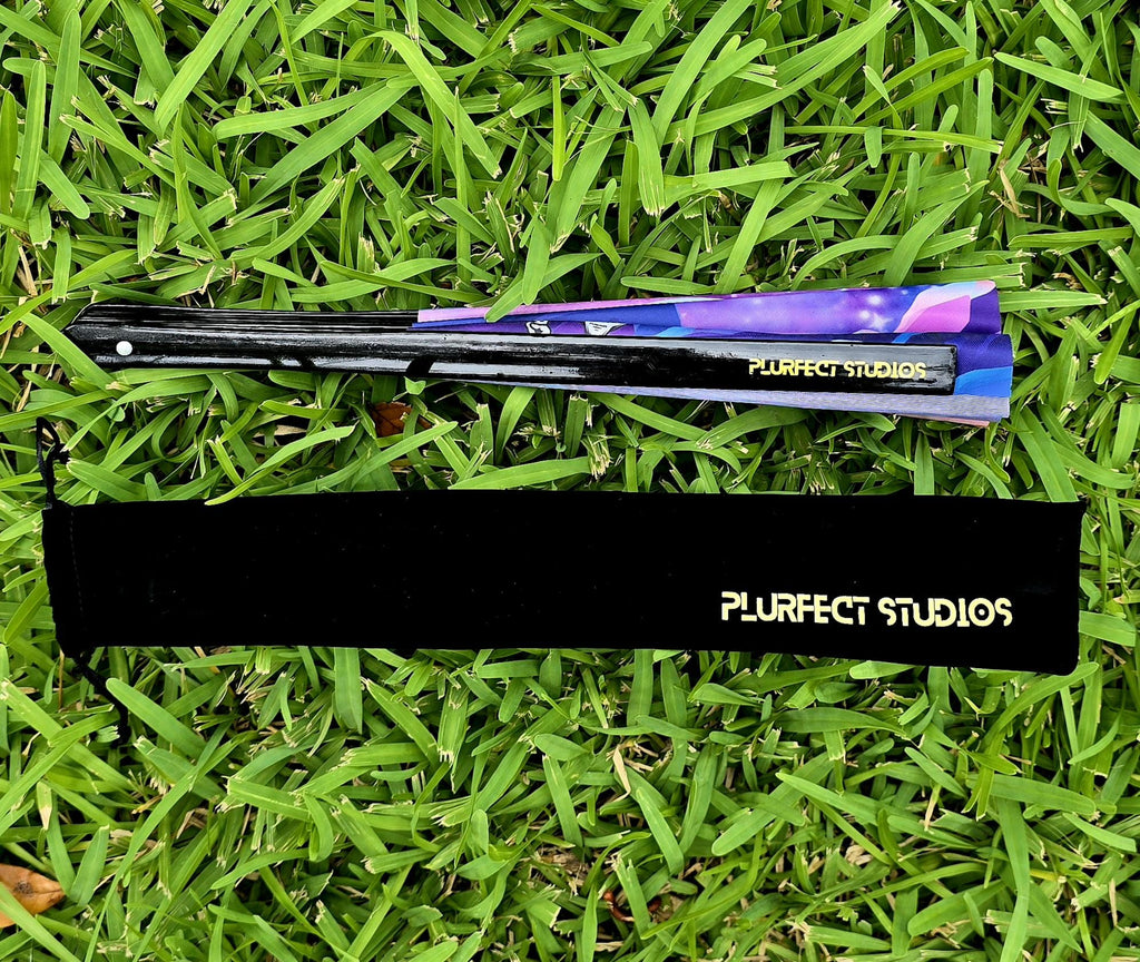 Alien Abduction Rave Hand Fan: Black Bamboo, Velvet Pouch