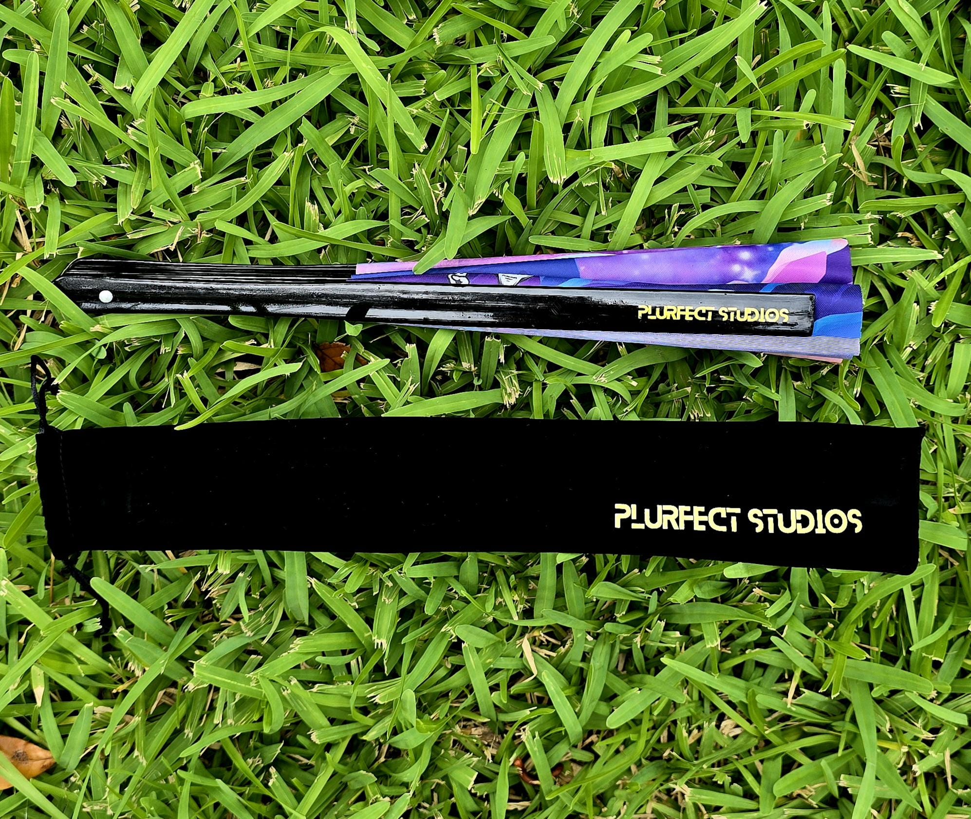 Alien Abduction Rave Hand Fan: Black Bamboo, Velvet Pouch