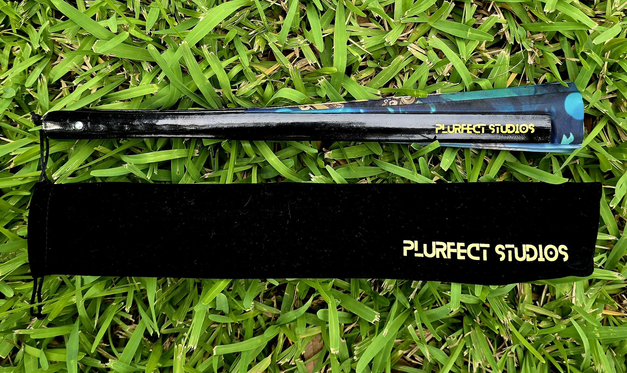 Golden Octopus Rave Hand Fan: Black Bamboo, Velvet Pouch