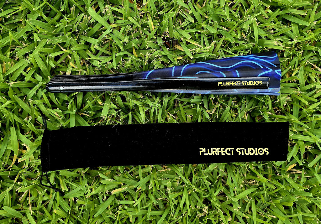 Blue Bass Wave Rave Hand Fan: Black Bamboo, Velvet Pouch